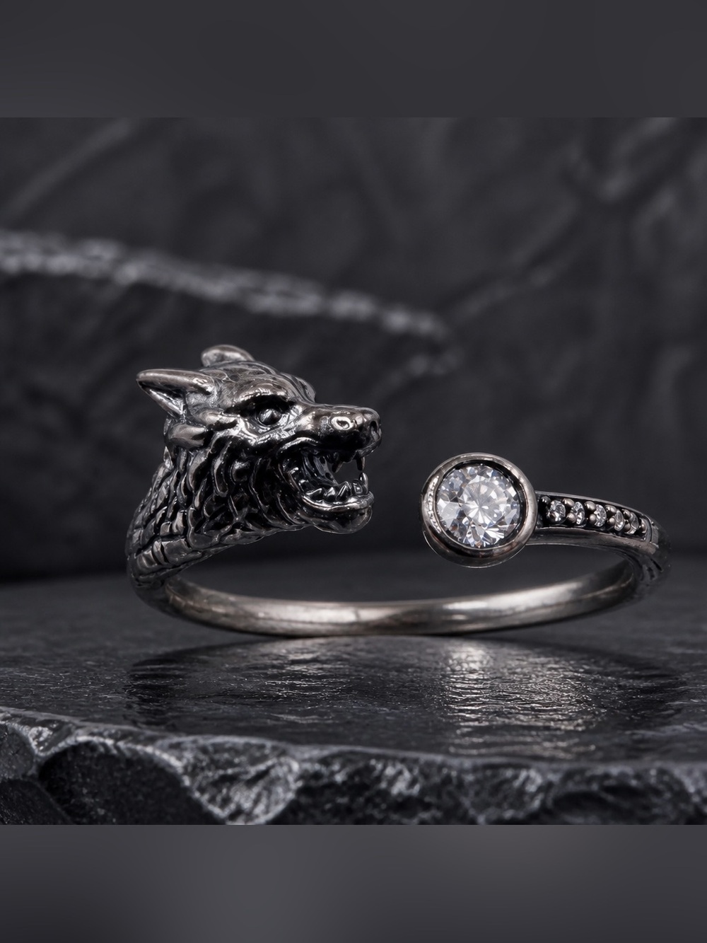 Size 8 FJ Wolf Head Open Cuff Ring with Crystal Accent 925 sterling silver